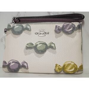 COACH Candy Print Refined Cream Pebbled Leather Corner Zip Wristlet - NWT